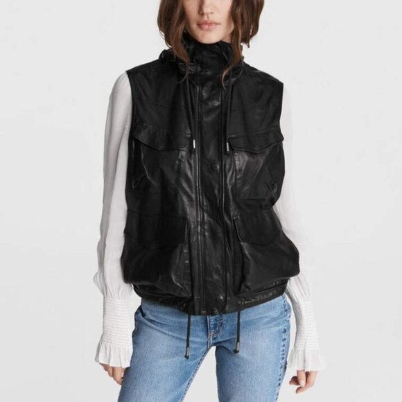 Rag & Bone | Hooded Lamb Leather Trail Vest Utility Cargo Biker Black Size XS - Picture 2 of 15